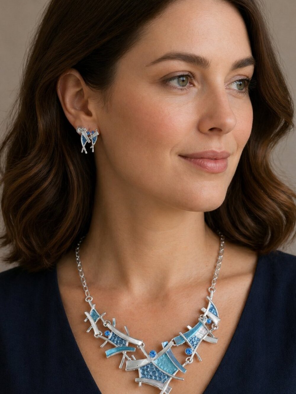 Beautiful shades of blue and silver matching fashion necklace and earrings